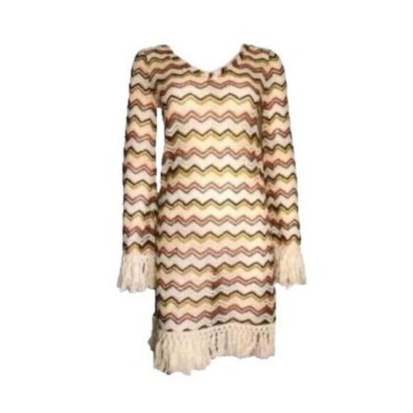 NWT BLACK SHEEP Red White Long Sleeve Fringe Knit Dress Womens Size M Medium - Picture 1 of 8
